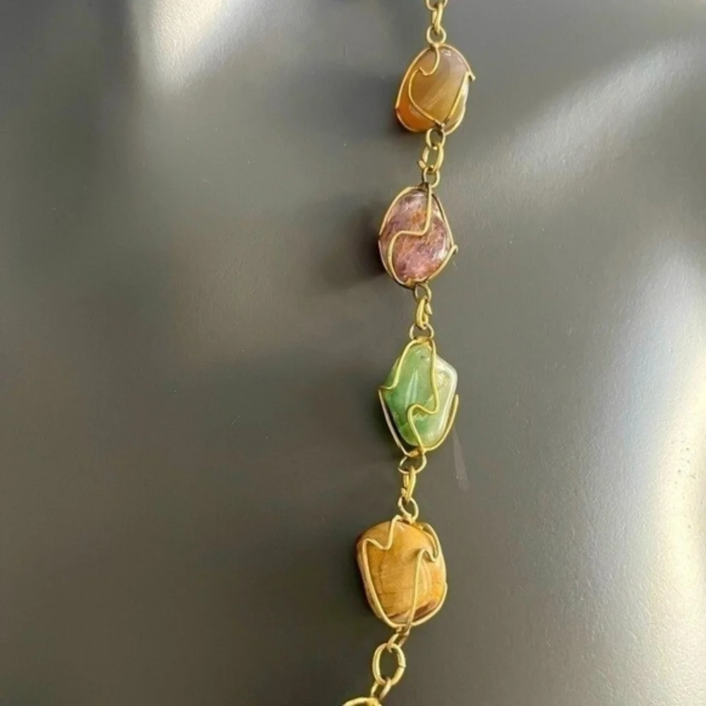 Vintage Gold Tone Wire Caged Multi Gemstone Statement Necklace 30.5